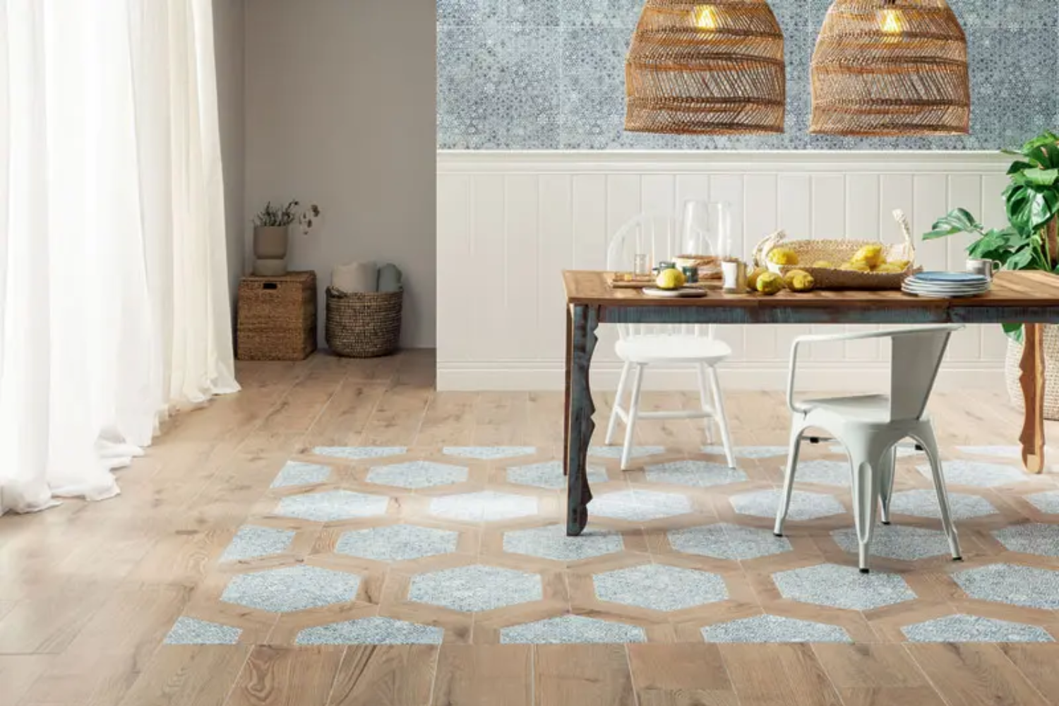 Przytulna jadalnia boho z geometryczną podłogą